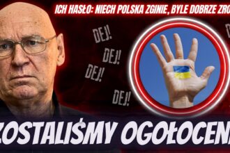 Leszek Żebrowski, dłoń z flagą Ukrainy i napisy: Ich hasło: Niech Polska zginie..., Zostaliśmy ogołoceni! oraz Dej!