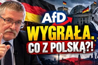 Napis: AfD wygrała. Co z Polską?! z logo AfD, w tle Alice Weidel, flaga Niemiec i pęknięta flaga UE
