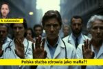 Grupa lekarzy wykonuje gest stopu. Napis: Polska służba zdrowia jako mafia?! Dr A. Łukaszewicz